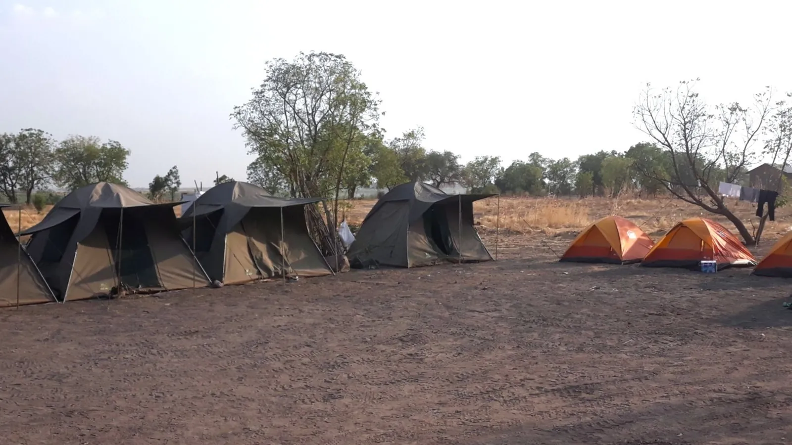 A row of near identical tents pitched in a dry open field.